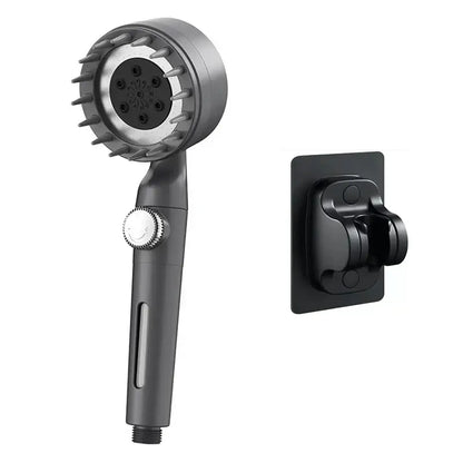 Black and silver decorbites adjustable high pressure shower head with circular nozzles and matching wall mount