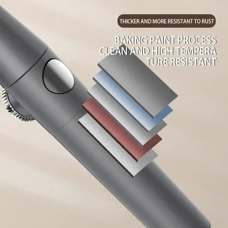Gray metallic cylindrical shower head with gear detail and layered paint for decorbites adjustable high pressure use