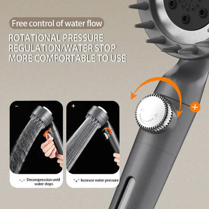 Gray handheld shower head with rotating pressure regulation knob and multiple nozzles decorbites adjustable high pressure