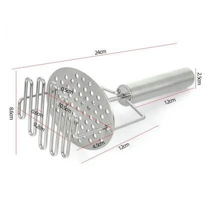 Black and silver stainless steel potato masher with circular perforated head and four curved tines for kitchen use