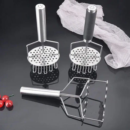 Black and silver stainless steel potato masher set with one black grip handle and one silver finish for food crushing