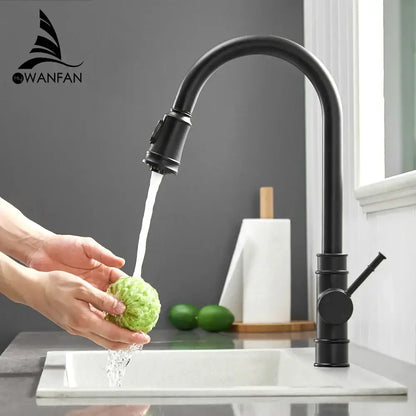 Black single handle pull out kitchen faucet with matte finish curved swivel spout and pull-down spray head by decorbites