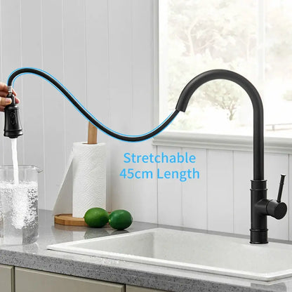Black single handle pull out kitchen faucet with matte finish, 45cm flexible hose, and swivel spout by decorbites