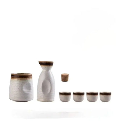 White ceramic wine sake set with brown speckled rims and cork stopper for decorbites ceramic wine collection