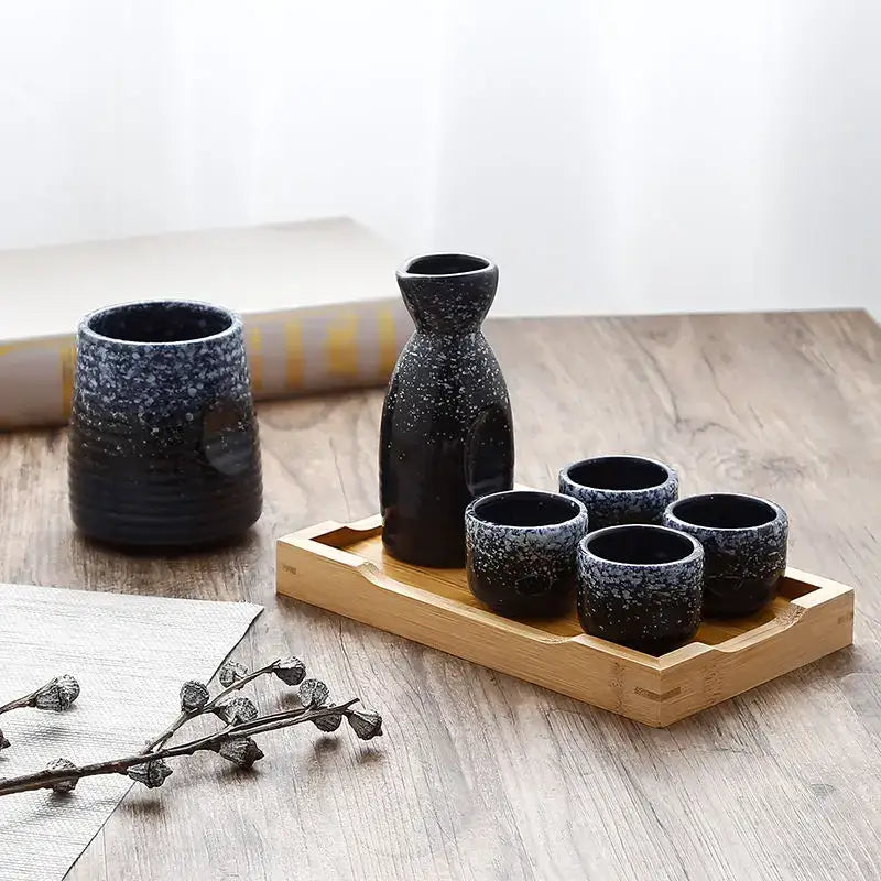 Black speckled ceramic wine sake set with heater on wooden tray ideal for decorbites ceramic wine dining room use