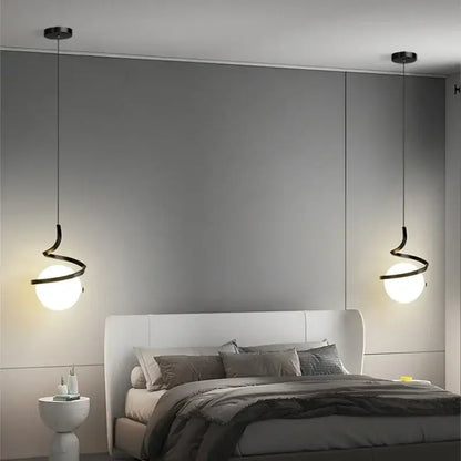 Modern black spiral dual globe pendant light with white glass shades and cord pendant for kitchen or square meters use