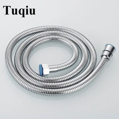 Tuqiu chrome finished stainless steel flexible shower hose with ribbed metal construction and blue tipped connectors