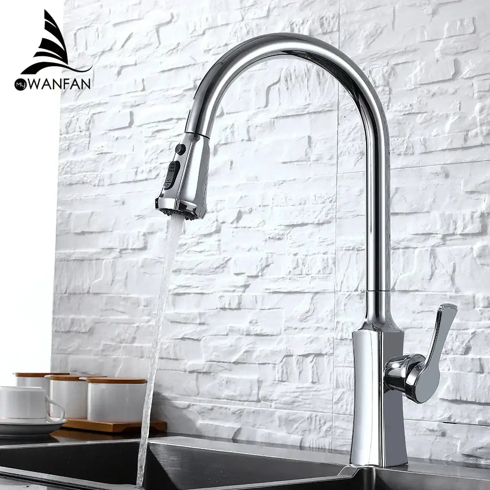 Chrome-finished pull-down kitchen faucet with sleek arched spout and single lever handle decorbites black stream handle