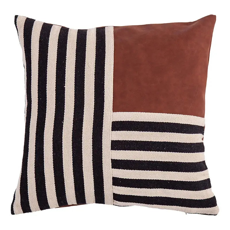 Square throw pillow cover with black stripe faux leather, cream herringbone patchwork, and brown suede panel decorbites decor