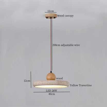 Pendant light with circular yellow travertine shade, wooden canopy, and wood accent by decorbites black travertine led collection