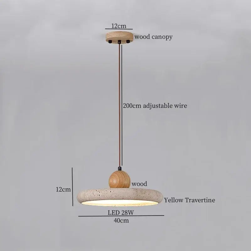 Pendant light with circular yellow travertine shade, wooden canopy, and wood accent by decorbites black travertine led collection