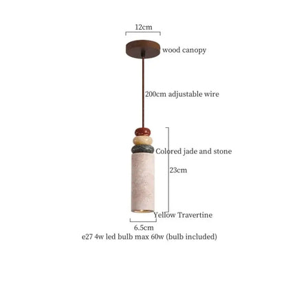 A cylindrical yellow travertine pendant light with wood canopy and colored jade beads for decorbites black travertine led use