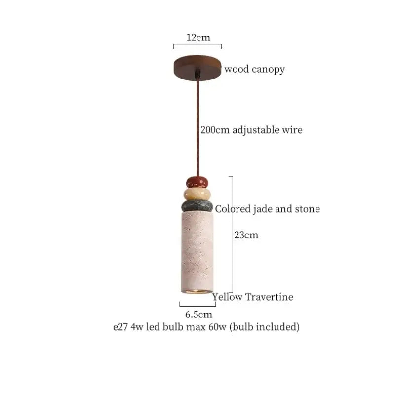 A cylindrical yellow travertine pendant light with wood canopy and colored jade beads for decorbites black travertine led use