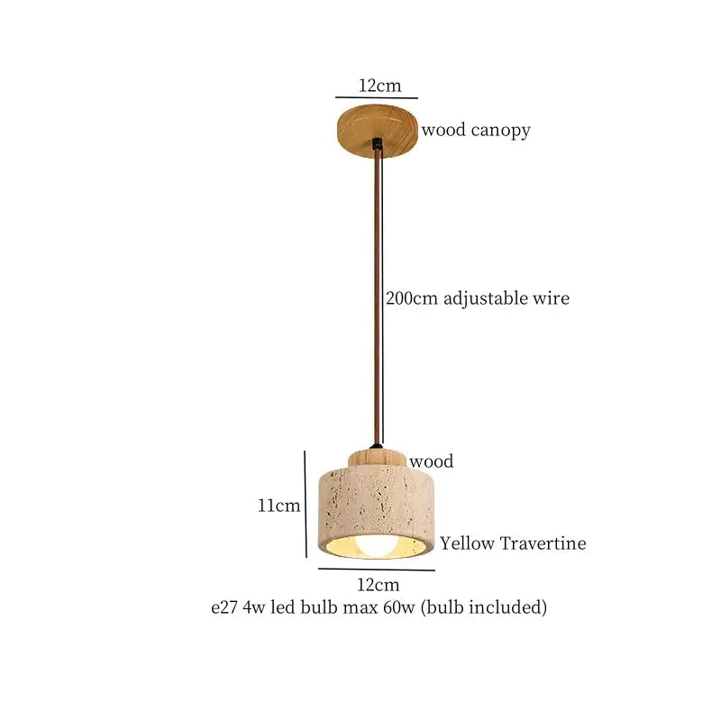 Rustic pendant light with wooden canopy, adjustable bronze wire, and yellow travertine shade from decorbites black travertine led collection