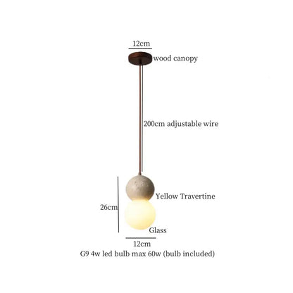 A decorbites black travertine led pendant light with dark wood canopy and yellow travertine stone globe for dining room decor