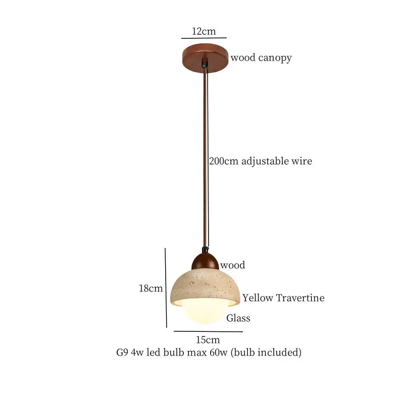 Black travertine led pendant light with rustic wood canopy, adjustable bronze wire, and yellow travertine glass shade