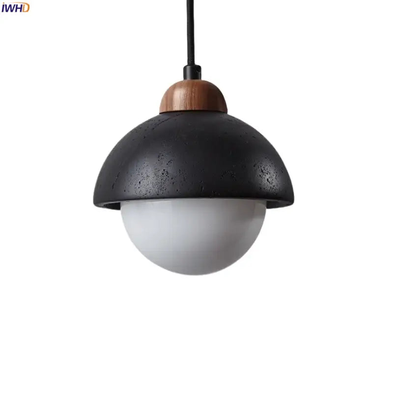 Black travertine pendant light with textured concrete dome wooden top and frosted glass globe decorbites glass ball lamp