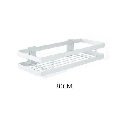 White metal double tiered bathroom shelf with grid design and mounting brackets for bathroom shelf shower storage