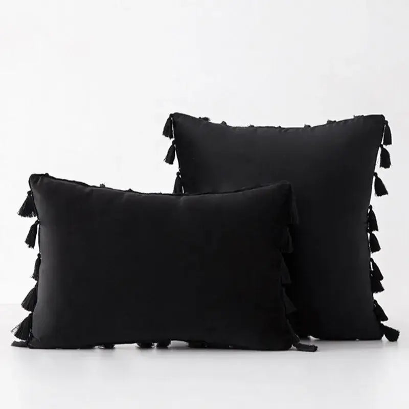 Black velvet tassel fringe pillow cover with tassel trim for living room sofa decorbites black velvet throw pillow