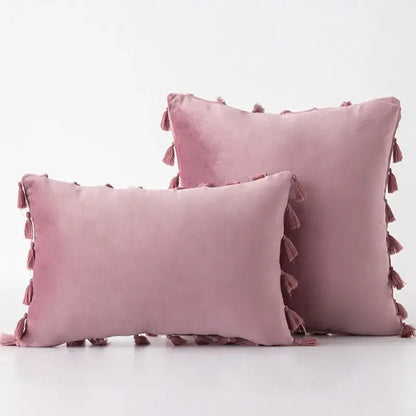 Soft blush pink velvet pillow cover with matching tassel fringe edges for decorbites black velvet living room decor