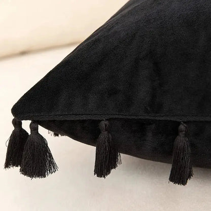 Black velvet tassel fringe pillow cover by decorbites with matching tassels for living room sofa decor