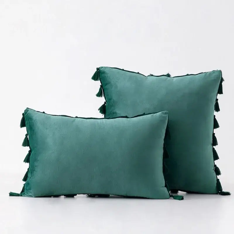 Teal velvet throw pillow with black tassel fringe featuring decorbites black velvet pillow cover for sofa decor