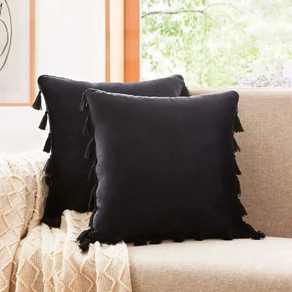 Black velvet tassel fringe pillow cover with decorative tassels for living room sofa by decorbites black velvet