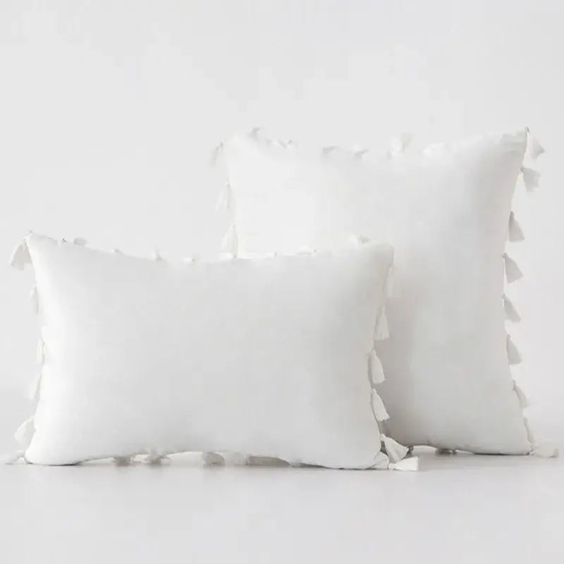 White rectangular throw pillows with soft textured fabric and tassel fringe edges for decorbites black velvet pillow cover