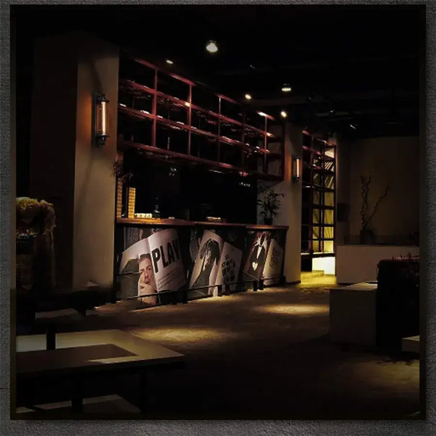 Dark wooden wine rack with multiple shelves and decorbites black vintage industrial wall sconce with Edison bulb above