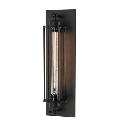 Black vintage industrial wall sconce with exposed edison bulb and vertical glass enclosure for bedroom decorbites design