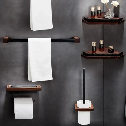 Dark wood corner shelf from decorbites black walnut bathroom set with glass vase and dark amber bottles for storage