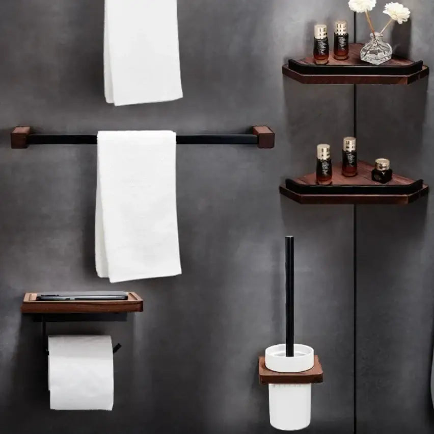 Dark wood corner shelf from decorbites black walnut bathroom set with glass vase and dark amber bottles for storage