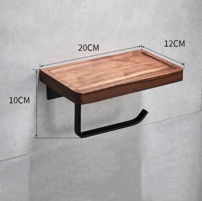 Modern wooden and black metal toilet paper holder with sleek tray from decorbites black walnut bathroom set