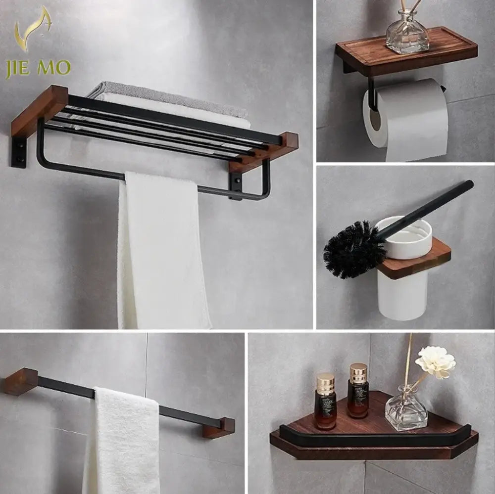 Black metal and wood bathroom rack with matte finish and dark brown ends for towel storage in decorbites black walnut bathroom set