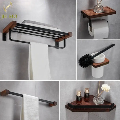 Black metal and wood bathroom rack with matte finish and dark brown ends for towel storage in decorbites black walnut bathroom set