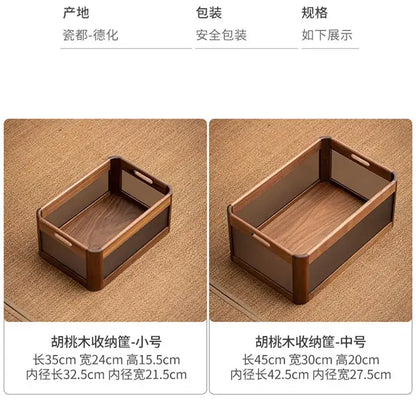 Rectangular black walnut wood desktop organizer with dark brown finish and transparent side panels for office storage