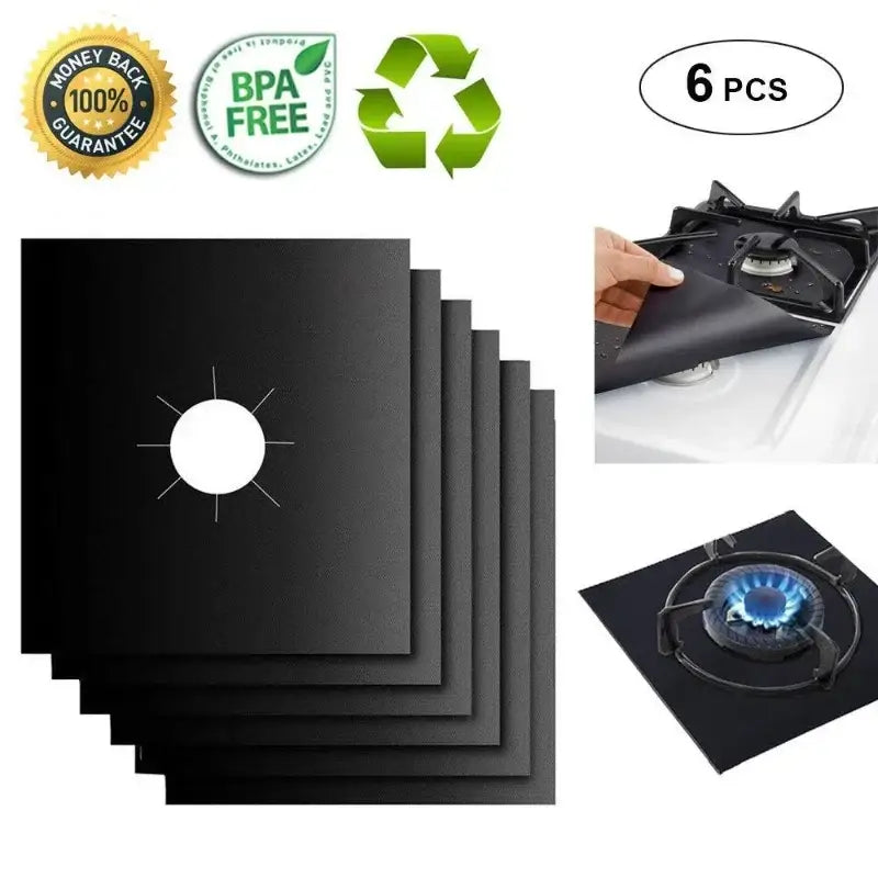 Black washable gas stove surface protector mats 6 pack with central circular cutouts and radial lines for precise placement