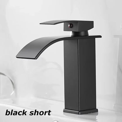 Black waterfall bathroom faucet with single hole design cold water mixer tap in matte black finish and sleek curved spout