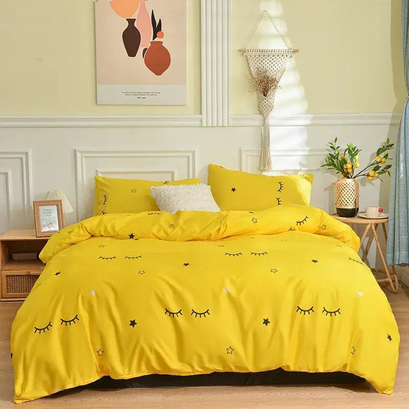 Bright yellow bedding set with playful black embroidered eyes and stars for decorbites branch flower duvet cover bedroom decor
