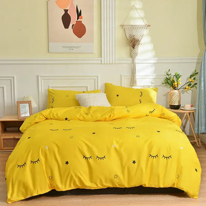 Bright yellow bedding set with playful black embroidered eyes and stars for decorbites branch flower duvet cover bedroom decor