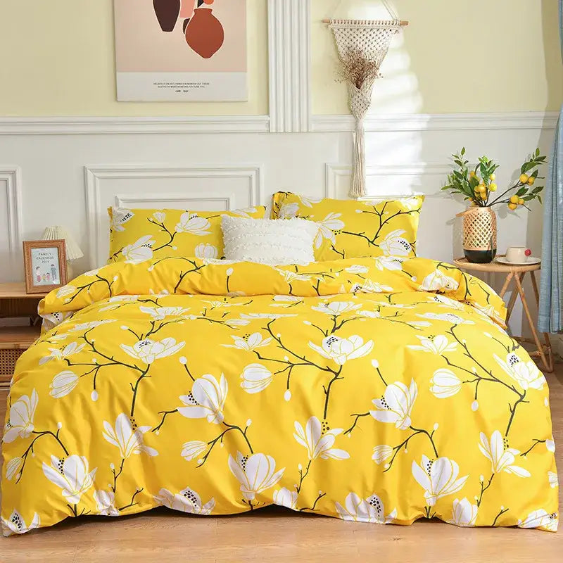 Bright yellow branch flower duvet cover set featuring white magnolia blossoms and black branches for bedroom decorbites branch flower