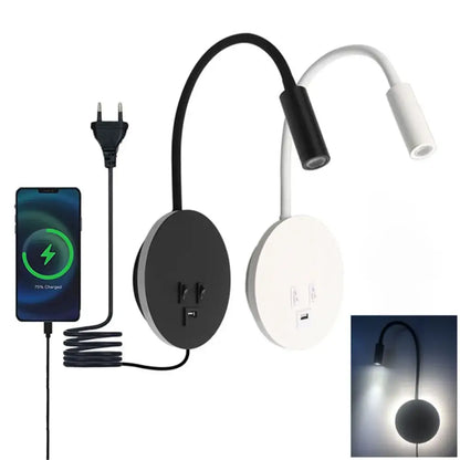 Black and white corded gooseneck wall sconce with usb port and integrated power outlets for charging devices on circular base