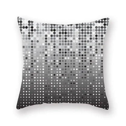Square throw pillow with modern black and white dot gradient and geometric star stripe print for bedroom decor