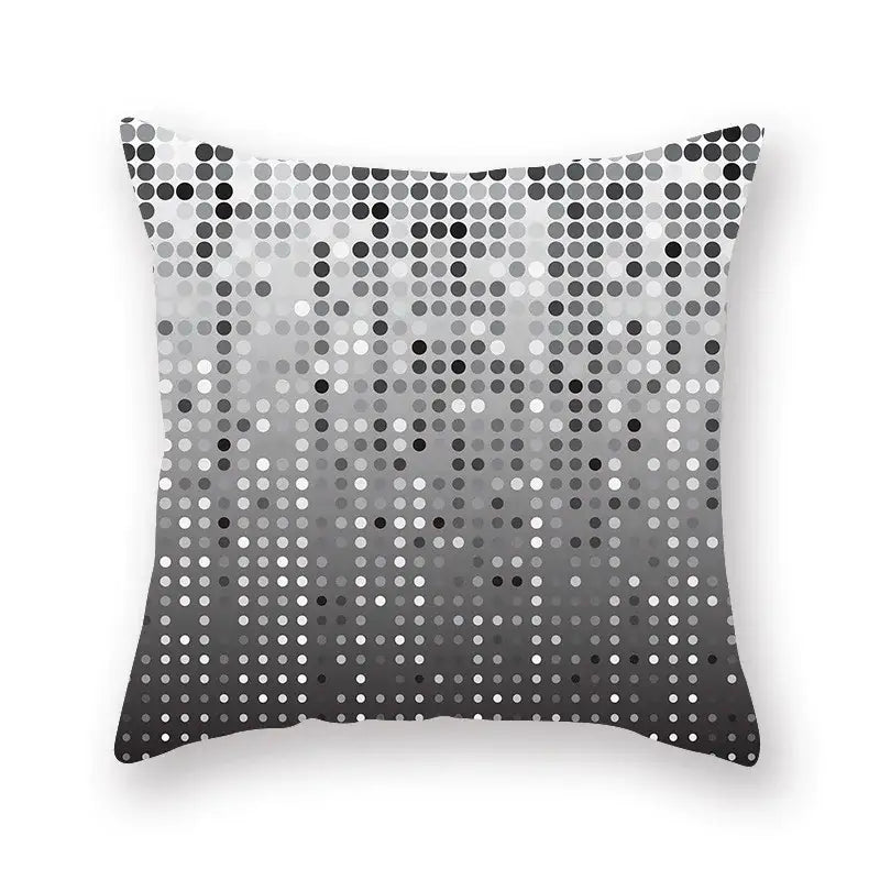 Square throw pillow with modern black and white dot gradient and geometric star stripe print for bedroom decor