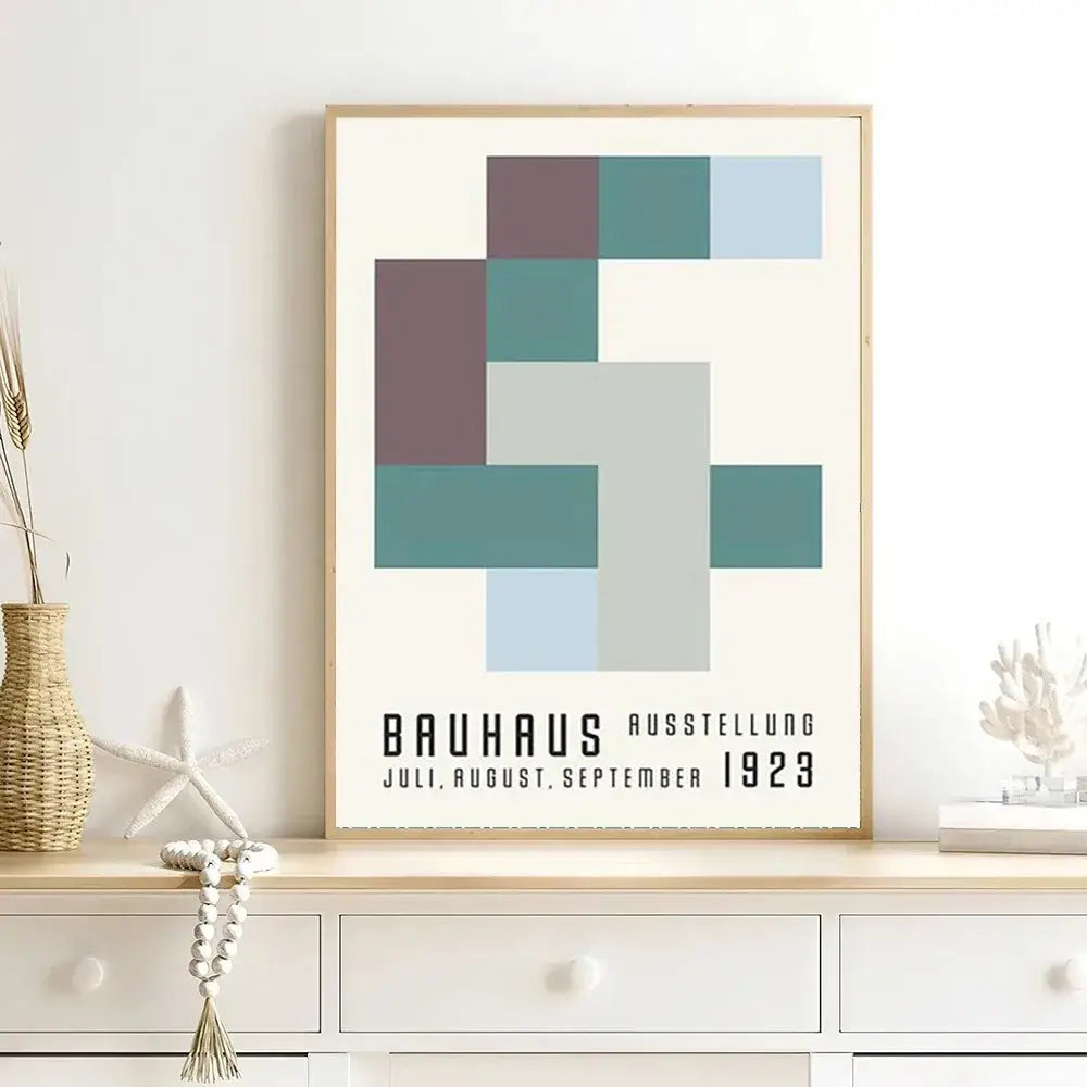 Decorbites™ black and white modernism canvas print with geometric abstract design in muted teal gray and mauve for home wall