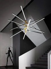 Modern geometric nordic minimalist chandelier with intersecting black and white led rods and gold fixture for living room decorbites black nordic