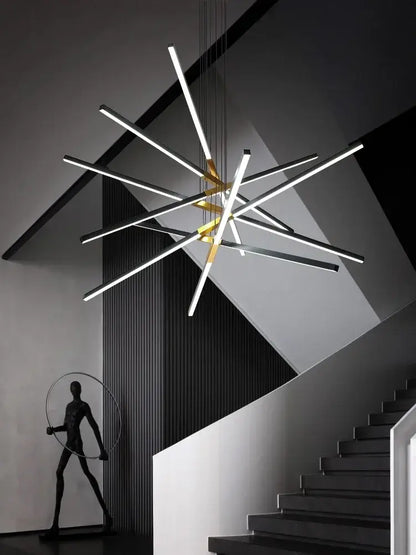 Modern geometric nordic minimalist chandelier with intersecting black and white led rods and gold fixture for living room decorbites black nordic