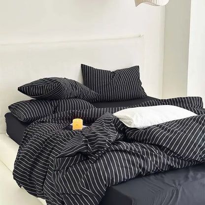 Black and white striped cotton duvet cover set with matching pillowcases and comforter for bedroom bedding
