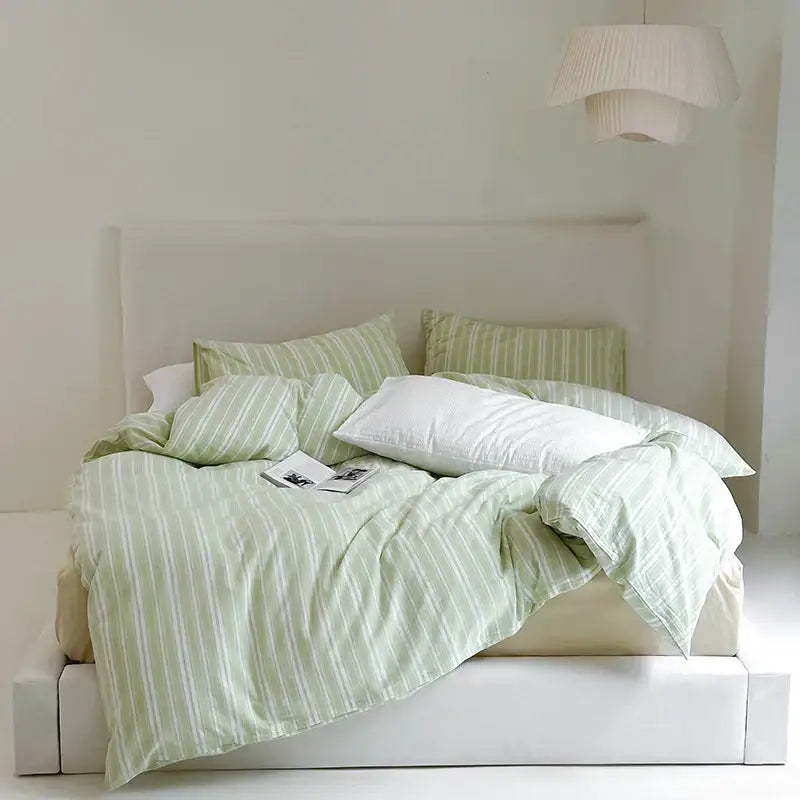Light green and white vertically striped cotton duvet cover set with soft textured fabric for bedroom bedding