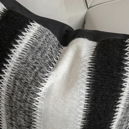 Black and white striped knitted crochet cushion cover with soft fuzzy texture for living room decorbites knit decor